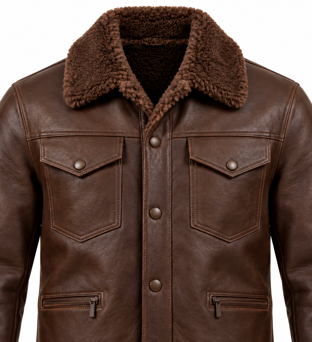 Men’s Brown Sheepskin Shearling Half-Belt Trucker Jacket — SH048