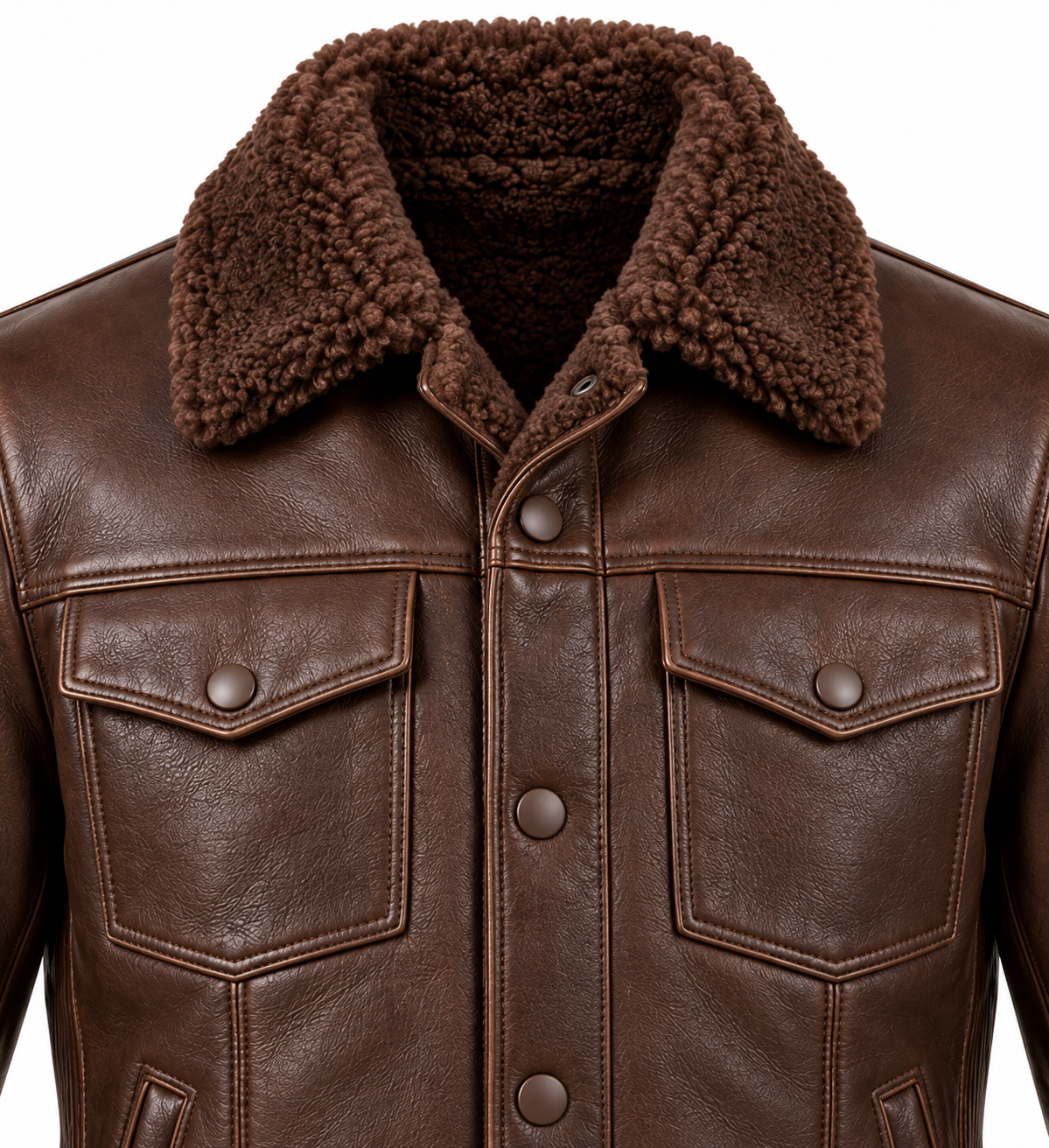 Men’s Brown Sheepskin Shearling Accordion-Side Trucker Jacket — SH050