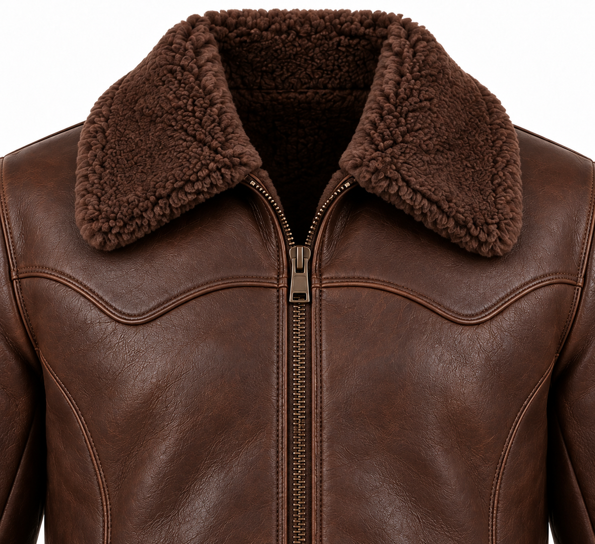 Men’s Brown Sheepskin Shearling Curved-Panel Ranch Zip Jacket — SH055
