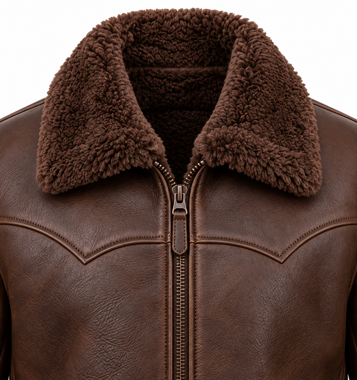 Men’s Brown Sheepskin Shearling Accordion-Side Ranch Zip Jacket — SH060