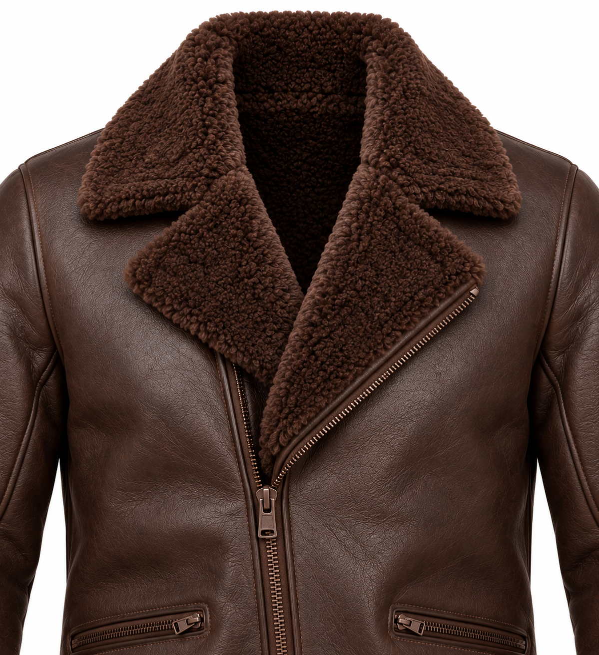 Men’s Brown Sheepskin Shearling Half-Belt Moto Jacket — SH068