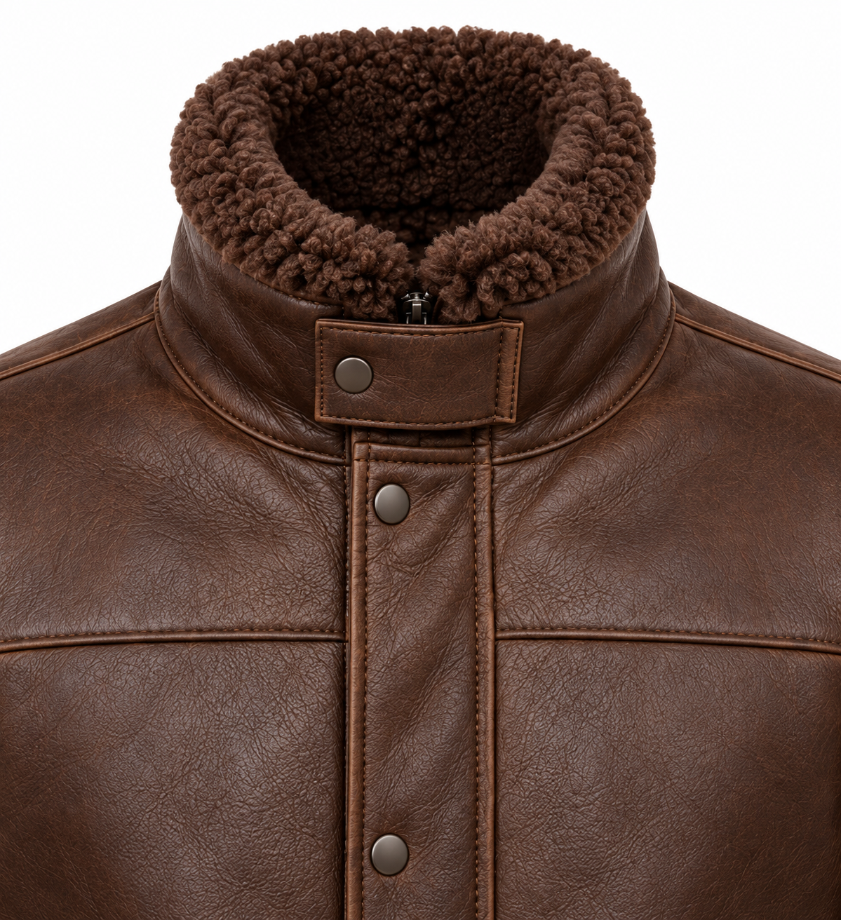 Men’s Brown Sheepskin Shearling Patch-Pocket Storm-Collar Flight Jacket — SH074