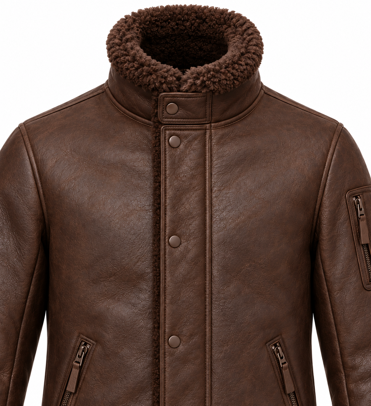 Men’s Brown Sheepskin Shearling Utility-Zip Storm-Collar Flight Jacket — SH076