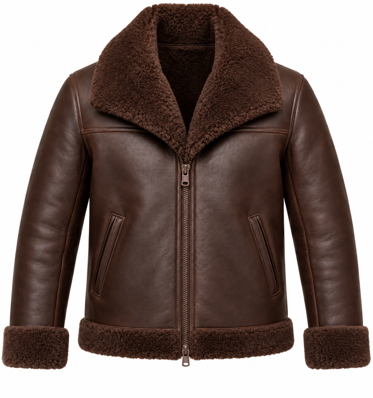 Men’s Brown Sheepskin Shearling Slanted-Welt Shawl-Collar Jacket — SH081