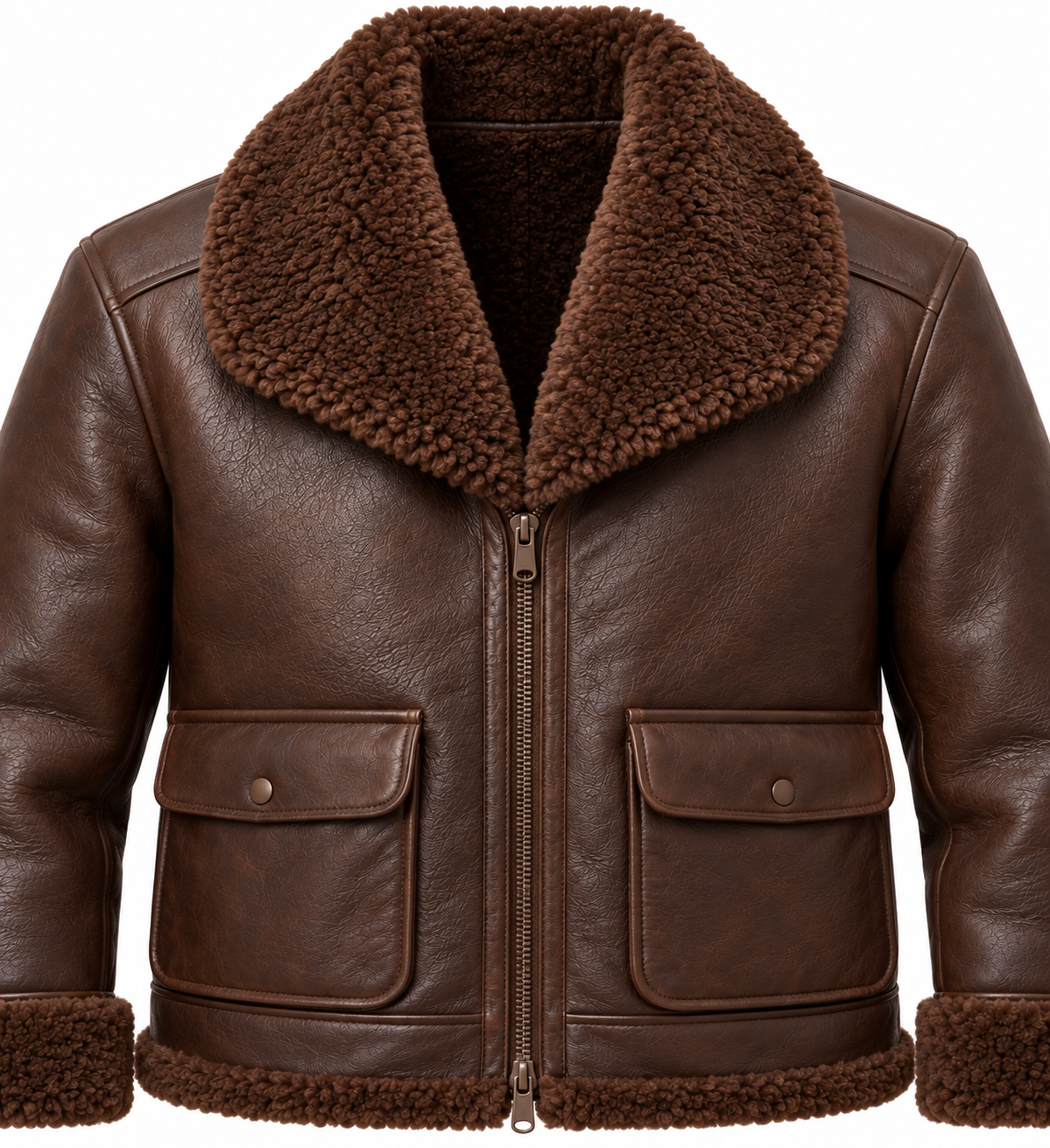Men’s Brown Sheepskin Shearling Patch-Pocket Shawl-Collar Jacket — SH084