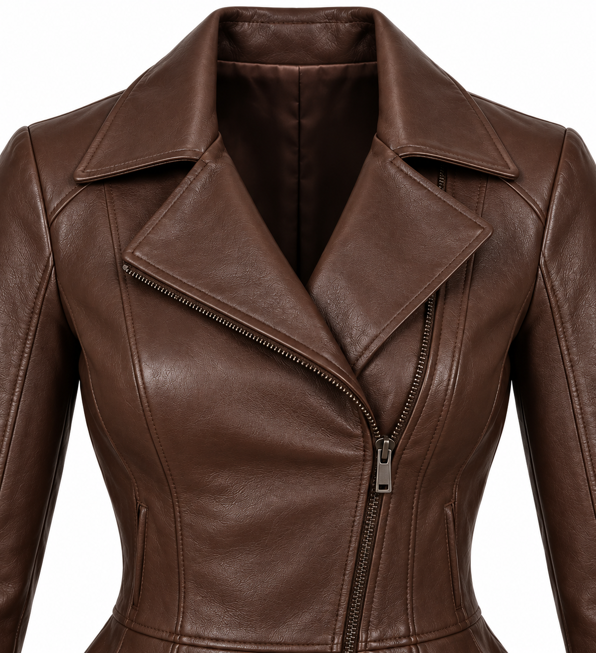Women’s Brown Sheepskin Leather Peplum Asymmetric Moto Jacket — W002