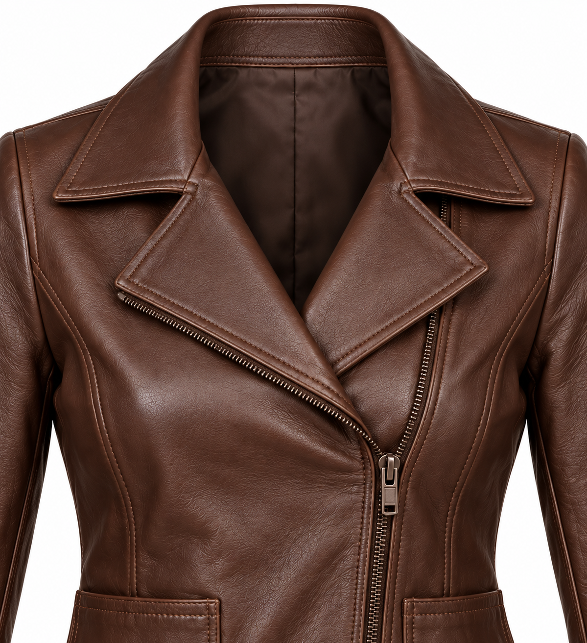 Women’s Brown Sheepskin Leather Cropped Patch-Pocket Asymmetric Moto Jacket — W003