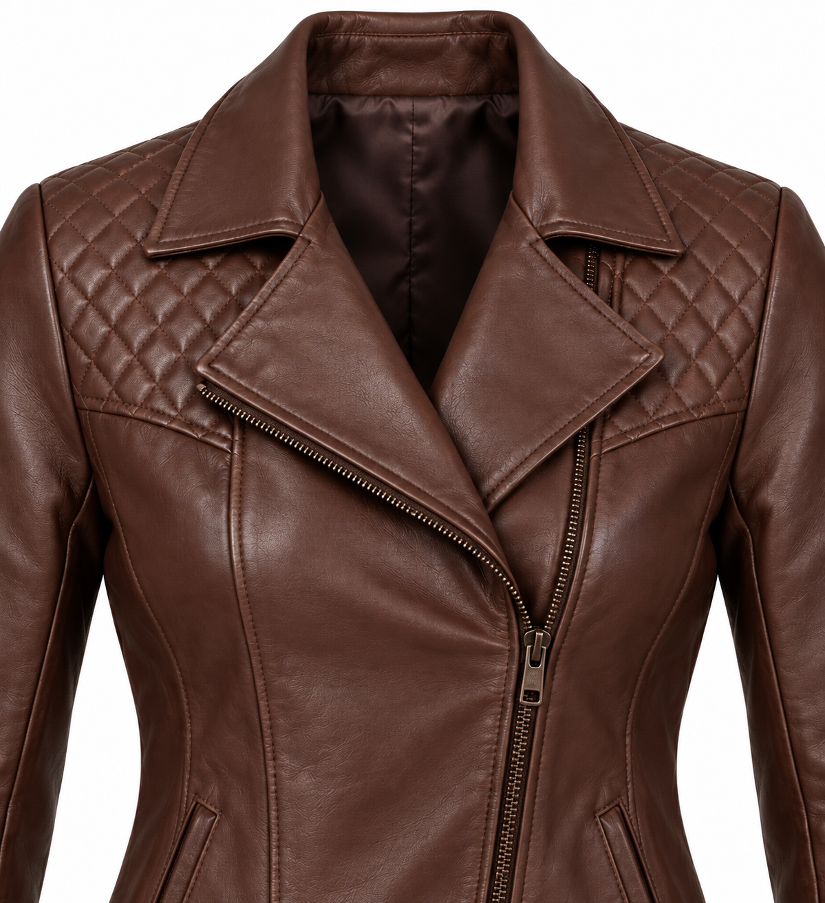 Women’s Brown Sheepskin Leather Diamond-Yoke Asymmetric Moto Jacket — W004
