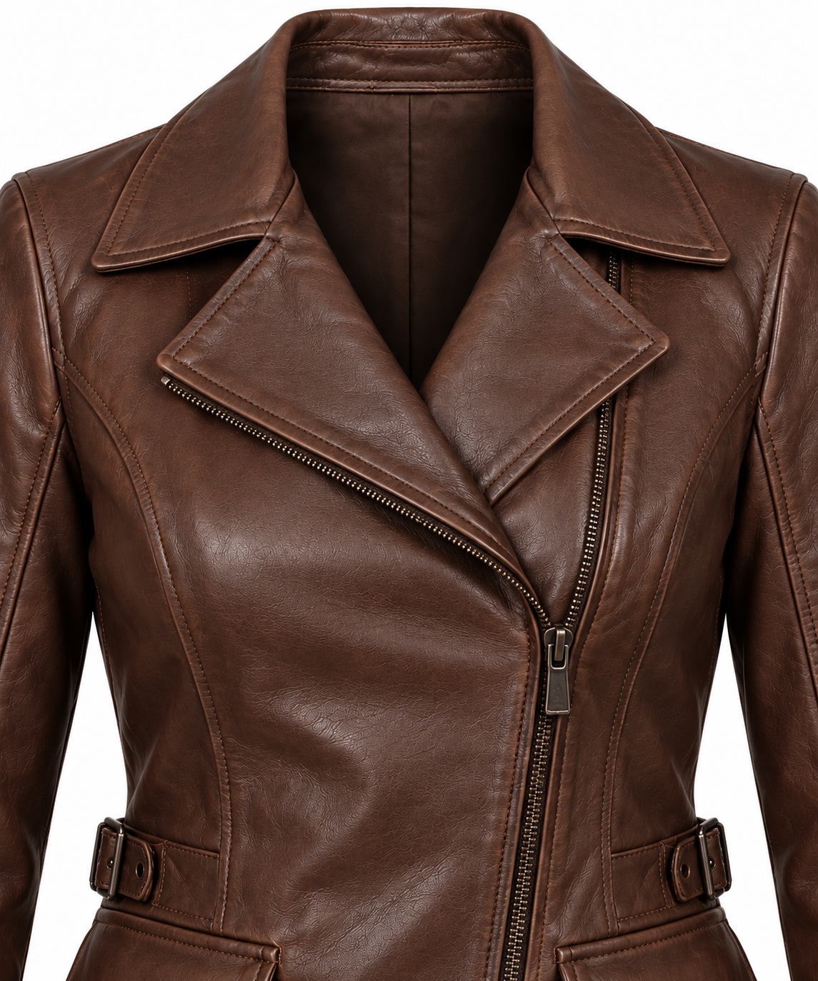 Women’s Brown Sheepskin Leather Buckle-Waist Asymmetric Moto Jacket — W006