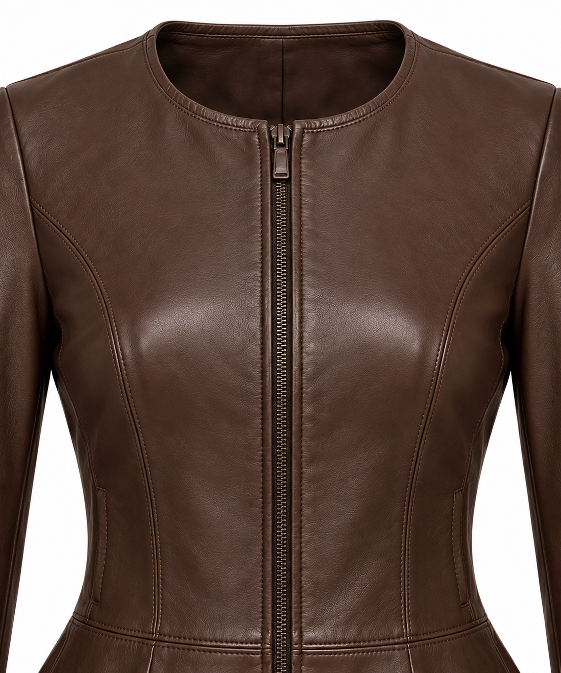 Women’s Brown Sheepskin Leather Peplum Collarless Zip Jacket — W012