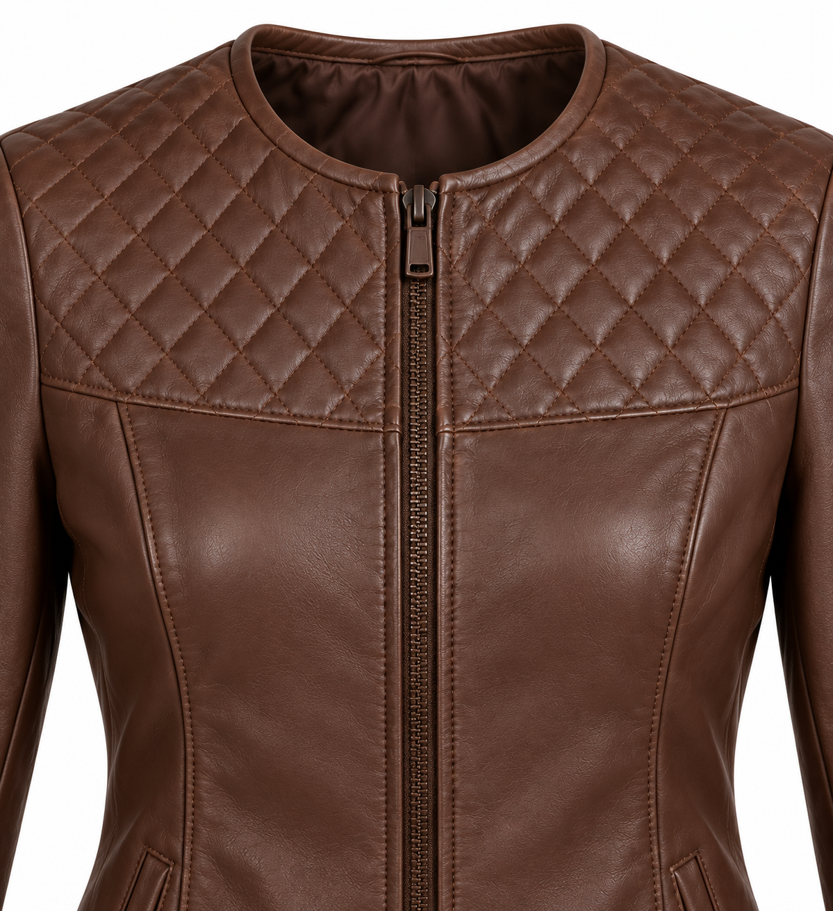 Women’s Brown Sheepskin Leather Diamond-Yoke Collarless Zip Jacket — W014
