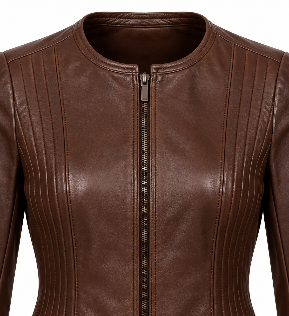 Women’s Brown Sheepskin Leather Channel-Panel Collarless Zip Jacket — W015