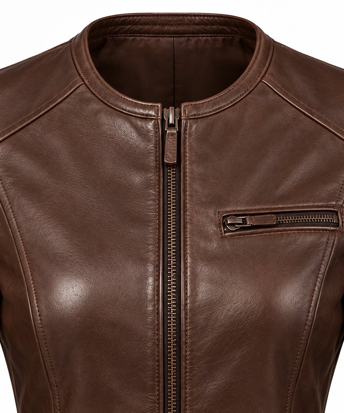 Women’s Brown Sheepskin Leather Chest-Zip Collarless Zip Jacket — W018