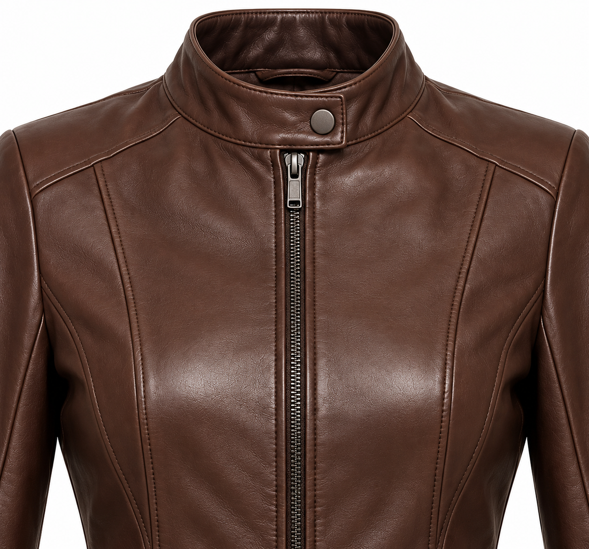 Women’s Brown Sheepskin Leather Princess-Seam Stand-Collar Racer Jacket — W021