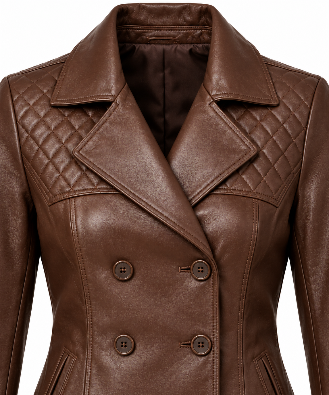 Women’s Brown Sheepskin Leather Diamond-Yoke Double-Breasted Jacket — W074