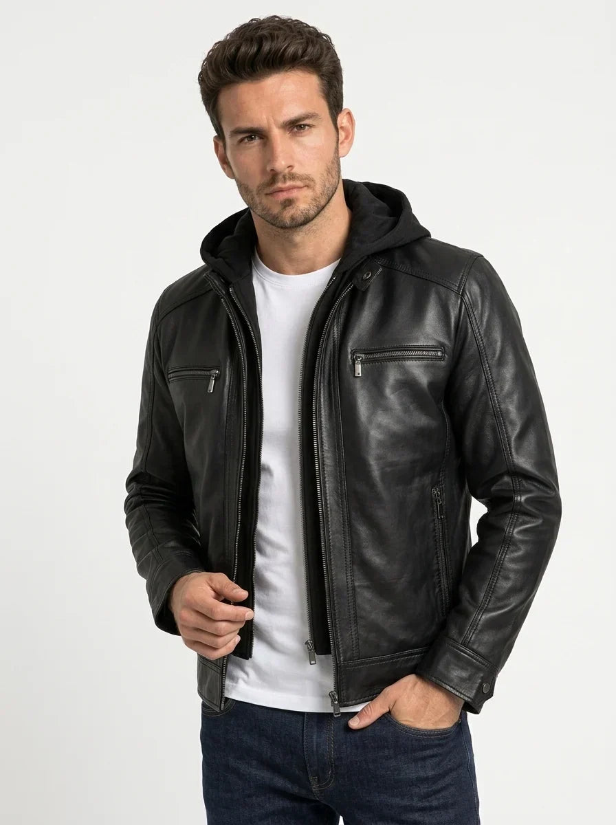 Sowachi Men's Black Hooded Leather Jacket with Detachable Hood