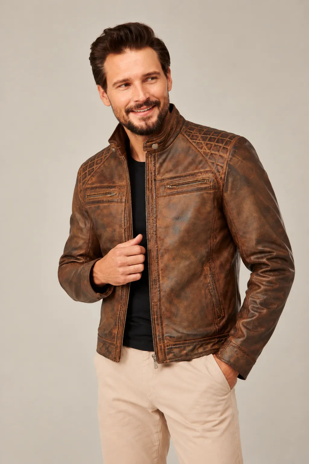 Sowachi Alex - Men Distressed Brown Cafe Racer Leather Jacket