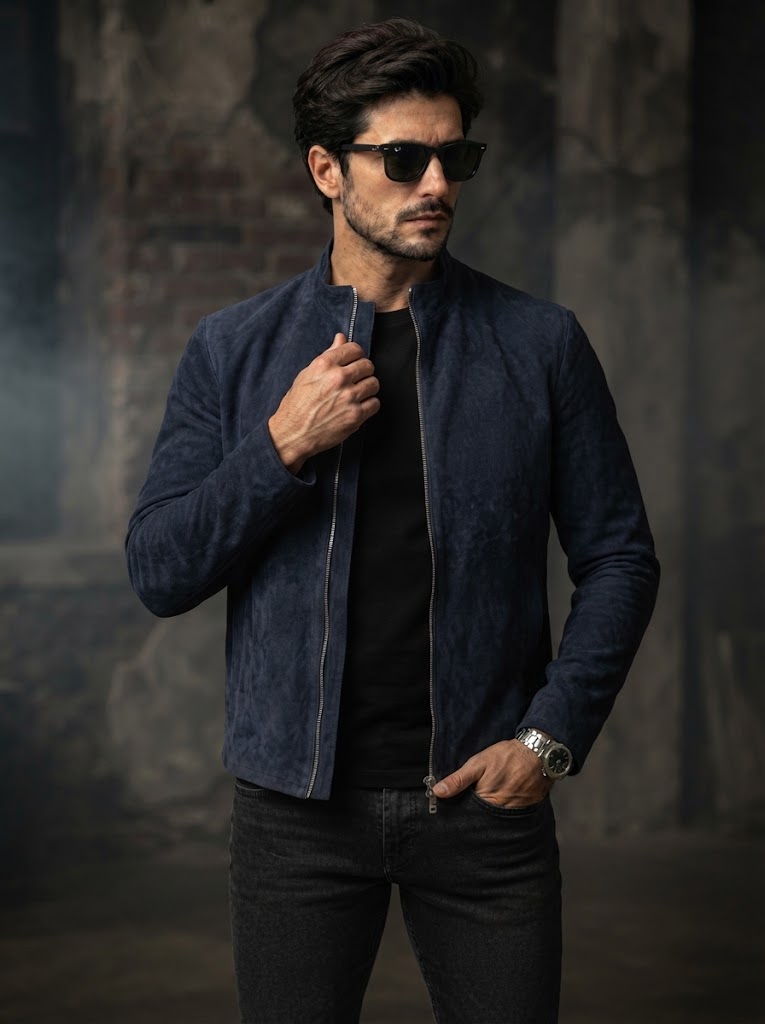 Sowachi Men’s Charcoal Navy Blue Suede Biker Jacket