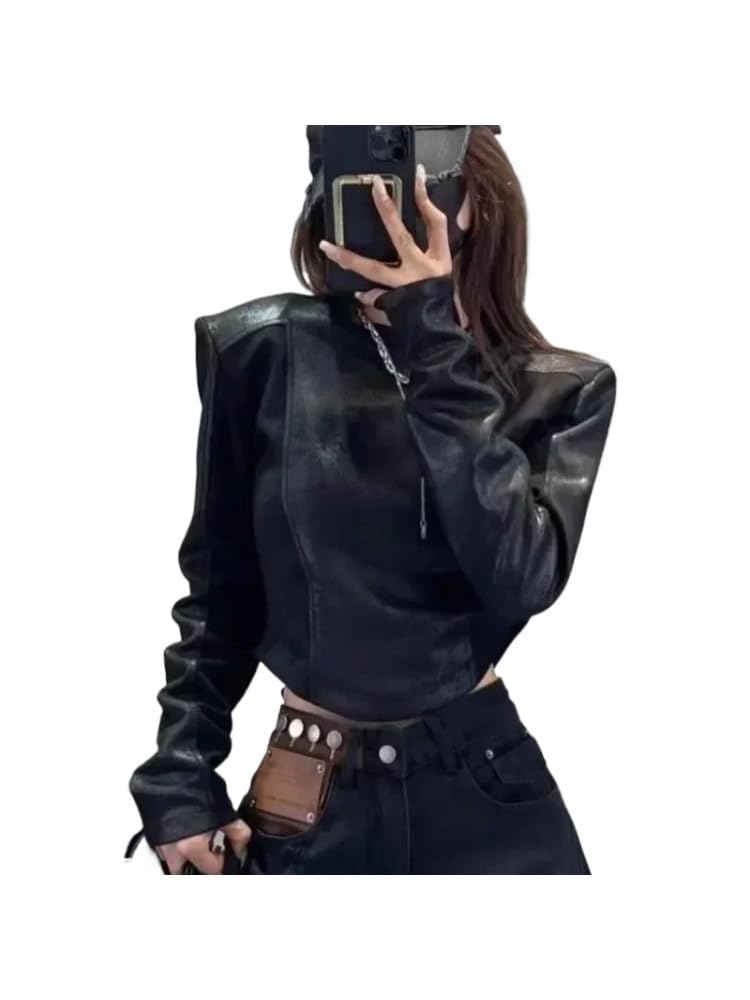 Y2K Retro Style Leather Jacket Long Sleeved T-Shirt Women's Fashion Patchwork Design Sense Short top (Black,Medium)