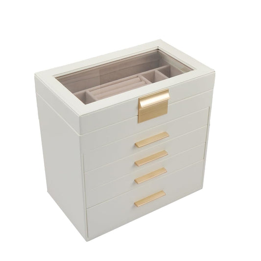 GYJOYERO Jewelry Box with Glass Lid 5 Layers Jewelry Orangizer Women Girls PU Leather Jewellery Hold Storage Large Case 4 Drawers big Jewelry Display GY822 (White)
