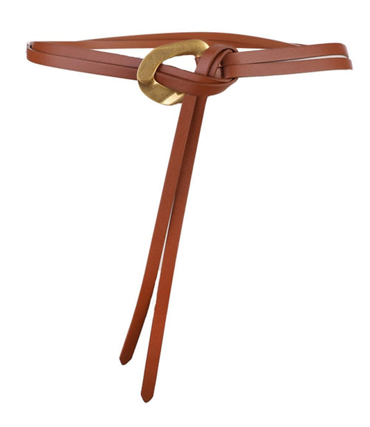Block Garden Women Tie Leather Belt Golden Buckle Double Strap Waist Belts, Brown