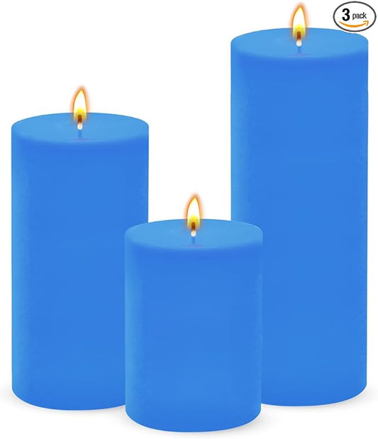 3 Packs Unscented Different Size Light Blue Pillar Candles, Dripless 3x4 3x6 3x8 Inch Assorted Height Colored Cylinder Column Wax Candles for Home Table Decor Power Outage Emergency