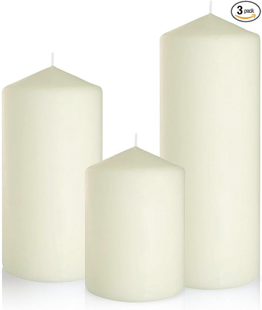Dripless 3x4 3x6 3x8 Inch Ivory Pillar Candles, 3 Packs Unscented Long Lasting Large Different Sizes Cylinder Column Wax Candles for Home Table Decor Power Outage Emergency