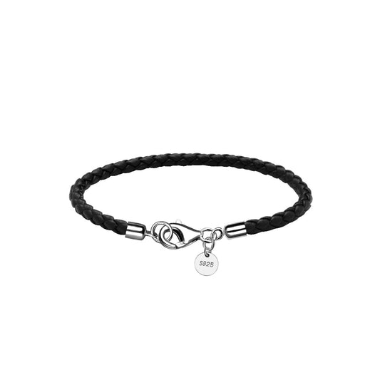 JEVINDA Leather Bracelet for Men Women 4MM Braided 925 silver Clasp 20/21cm with Jewelry Gift Box Handcrafted (Black, 7.8'')