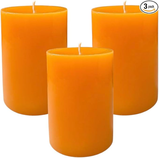 Mister Candle Dripless Unscented Orange Pillar Candles, Set of 3 Hand Poured Solid Color Non-Scented Candles for Home Decor, Premium Wax, 60 Hr Burn Time - 3x4 Inch, Orange
