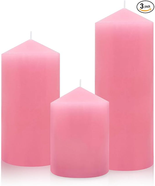 Unscented 3x4 3x6 3x8 Inch Pink Pillar Candles, 3 Packs Dripless Long Lasting Large Solid Pastel Colored Different Sizes Cylinder Column Candles for Home Table Decor Power Outage Emergency