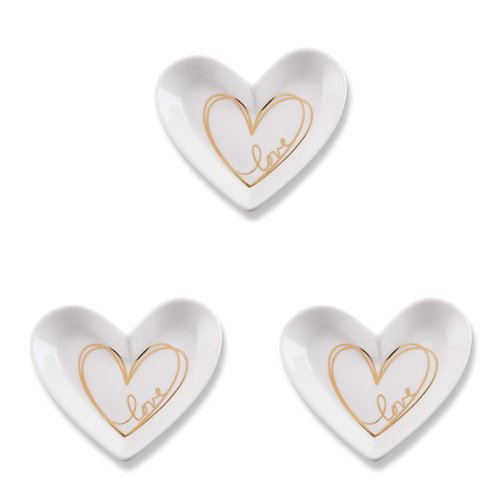 Kate Aspen Shaped Ceramic with Gold Foil Trinket Dish, Love Heart Small, (Pack of 3)
