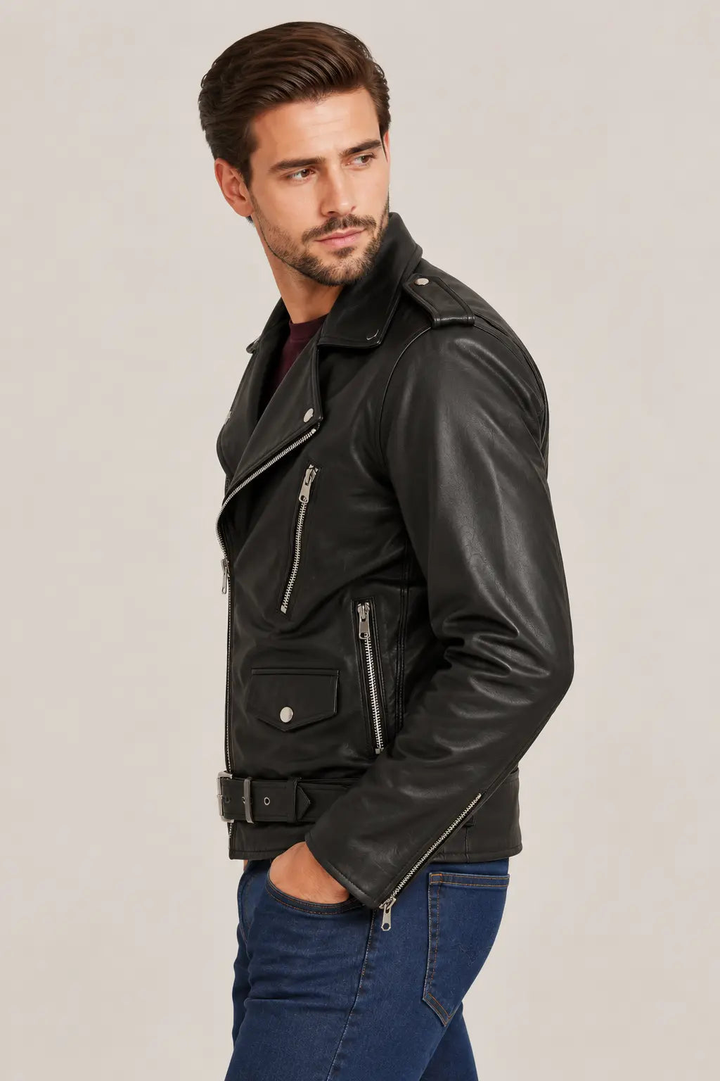 Sowachi Men's Black Asymmetrical Belted Biker Leather Jacket
