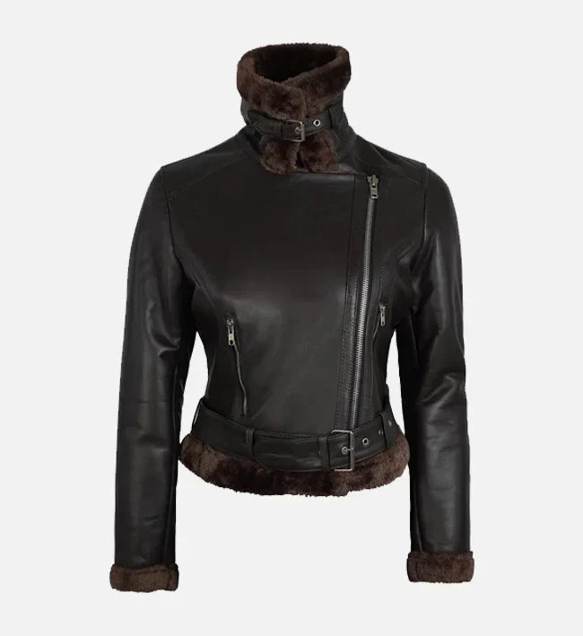 Women's Biker Style Black Shearling Leather Jacket