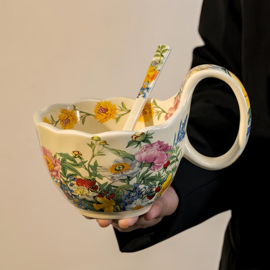 Windefun 16.91oz/500ml Handpainted Soup Bowl with Handle,Ceramic Cereal Bowl Microwave &Dishwasher Safe,Loop Handle Bowl Great for Soup,Yogurt,Snack,Chip,Stew,Ice Cream,Coffee (Peony)