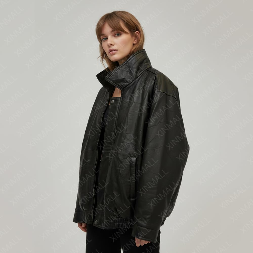 XINMALL Men’s Genuine Leather Motorcycle Jacket Black Bomber Style Zip-Up Baseball Collar Biker Leather Coat (US, Alpha, 3X-Large, Regular, Regular)