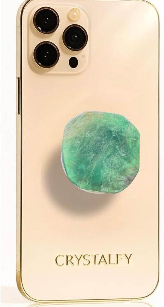 CRYSTALFY Grips by Perfectly Imperfect Green Fluorite Crystal Phone Grip Holder & Expanding KickstandNatural Gemstone