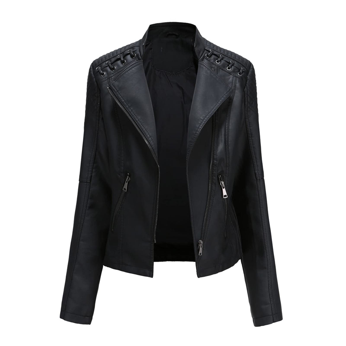 MODFUL Women's Faux Leather Moto Jacket Casual Short Solid Color PU Biker Coat with Pockets(Black,Large)