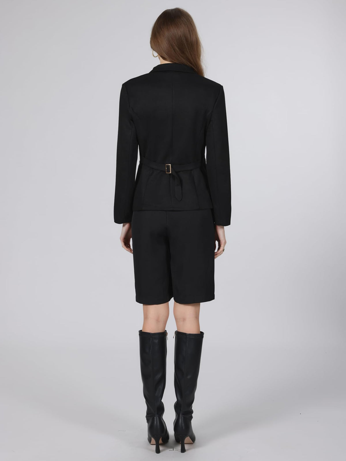 Hobemty Women Casual Faux Suede Lapel Collar Long Sleeve Blazer Black