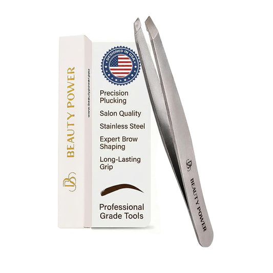 Beauty Power Slant Tip Precision Tweezers - Stainless Steel Eyebrow Tweezers for Women & Men - Precision Tweezers for Facial Hair, Ingrown Hair & Brow Shaping - Professional Beauty Tool (Grey)