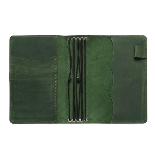 TORAKIP Travelers Leather Notebook Cover A6 – Refillable Leather Journal Cover with 5 Elastic Bands, Pen Holder & Pockets, Fits 4.1" x 5.8" Notebooks (Inserts Not Included), Green