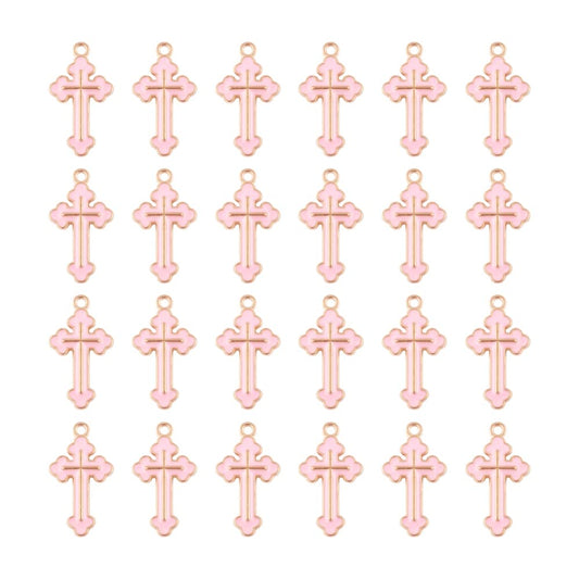 Mega Pet 100pcs Alloy Enamel Cross Pendant Charms Pink Metal Tiny Crucifix Flatback Dangle Charms Hang Ornaments 25x14mm for DIY Bracelet Necklace Jewelry Crafts Making Hole: 1.8mm