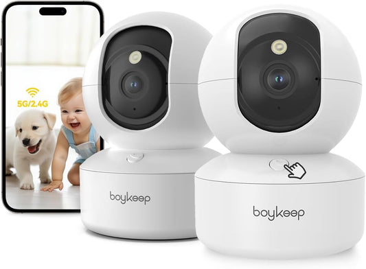 BoyKeep 2K 5G/2.4GHz 360 2-Way (White-2 Pack) Pet Camera, Indoor Security Camera, WiFi Cameras for Baby Dog with Phone