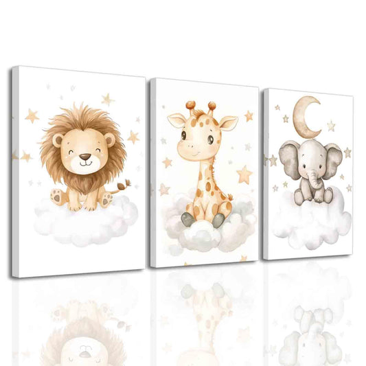 BJYCHG Safari Baby Room Decor Yellow Nursery Wall Art Set of 3 Cute Lion Elephant Giraffe Poster Pictures Watercolor Clouds Canvas Prints Kids Room Decor (11x14inx3 Pieces)