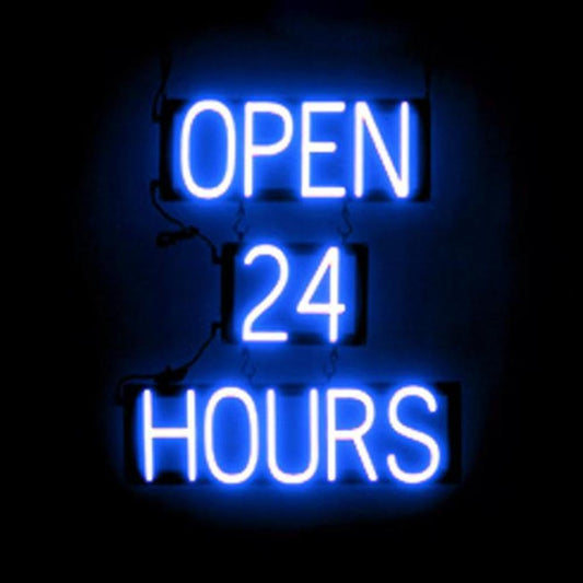 SpellBrite OPEN 24 HOURS Sign for Business | Open 24 Hours Signage with Neon Look, Blue LED Light | 20.8" x 23.8"