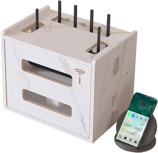 W WWEENUO Wooden Router Shelf, Desktop WiFi Router Storage Box Modem Rack Cover Power Strip and Cable Management Hider