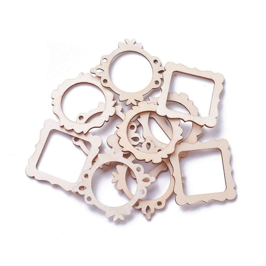 LiQunSweet 100-Pieces 48~64mm Undyed Wood Photo Frame Pendants Wooden Cutout Unfinished Necklace Earrings Charms Mixed Shape for Jewelry Making DIY Craft