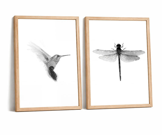 2pcs Black and White Minimalist Wall Art Modern Hummingbird Dragonfly Poster Print, Scandinavian Japandi Style Nature Picture Painting, Neutral Bedroom Living Room Wall Decor 12x16 Inches