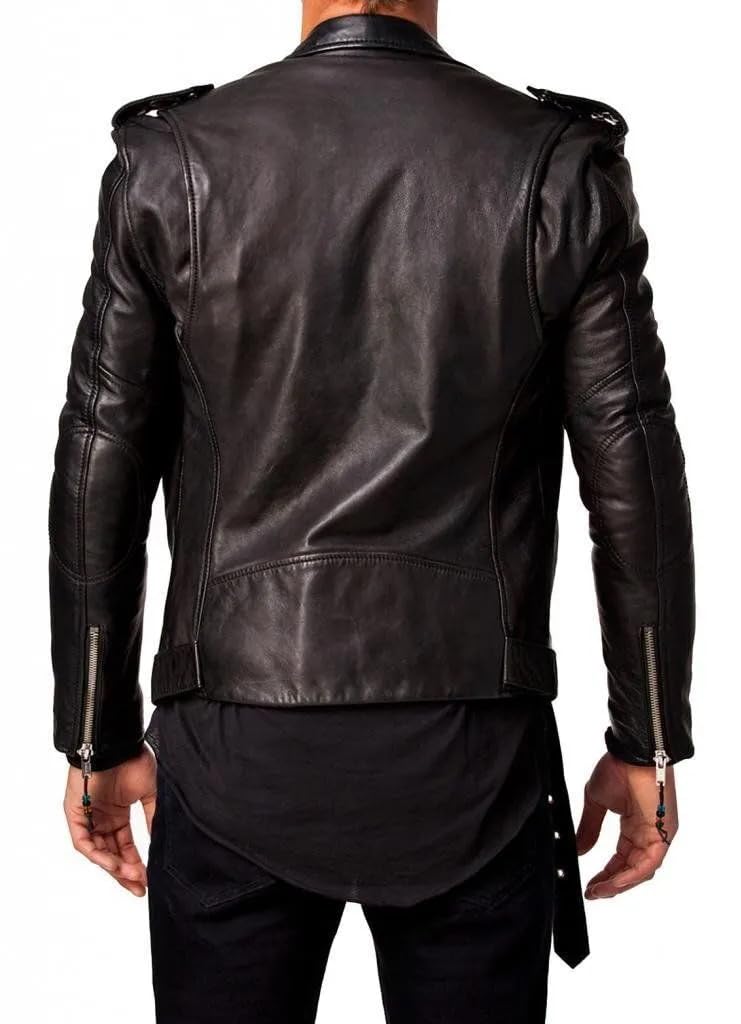 DECIMAL Men's Black REAL Lambskin Leather Biker Jacket VINTAGE GENUINE MOTORCYCLE JACKETS FOR MEN (US, Alpha, X-Small, Regular, Regular, D BLACK)