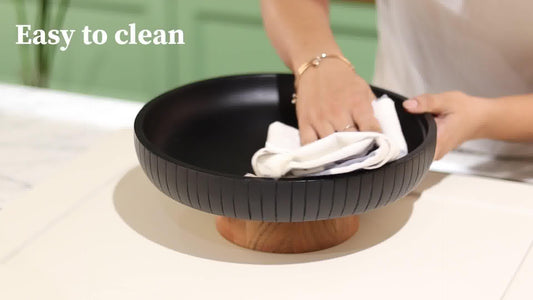 LAVAUK Mango Wood fruit bowl, Decorative black bowl with natural finish pedestal | 12" dia | Dual tone look | Use as Centerpiece for kitchen counter or dining table (Black)