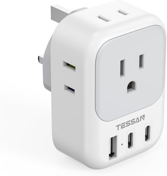 TESSAN 4 3 (2 US to UK Plug Adapter, Type G Travel Adaptor with Electrical Outlets USB Ports USB C), Ireland Power